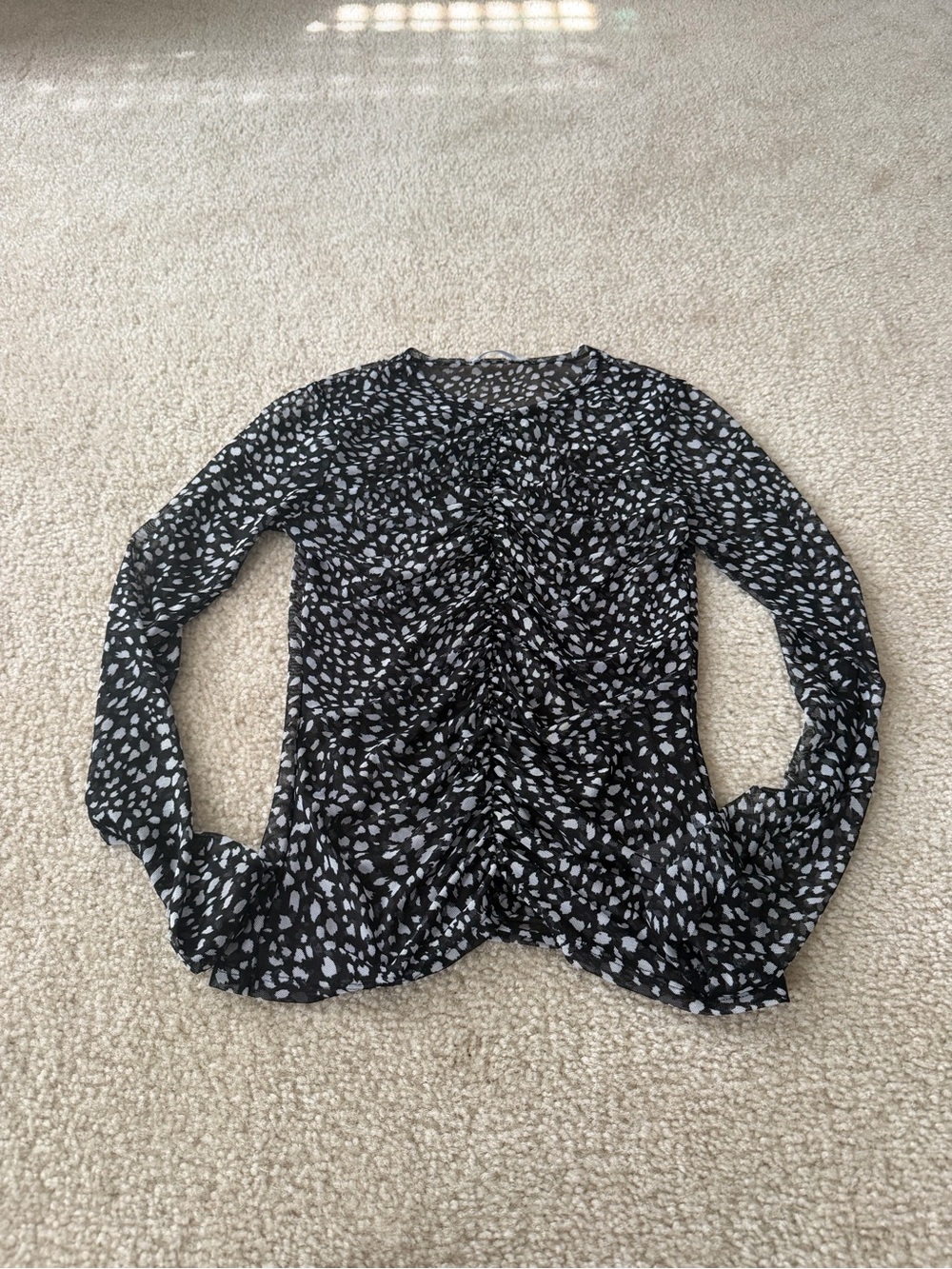 Reformation Black Sheer Top with White Abstract Spot Print
